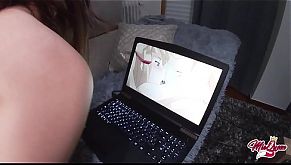 Little stepsister watching Hentai lets stepbrother fucks her pussy ( creampie )
