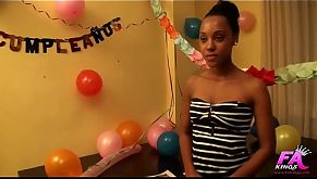 Ebony petite teen celebrates her 18 birthday by having two cocks for herself!