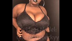 Slow motion ebony bbw rubbing oil on natural big tits and body