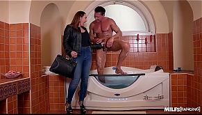 Milf Yasmin Scott gets her shaved wet pussy banged in &amp; outside the bathtub